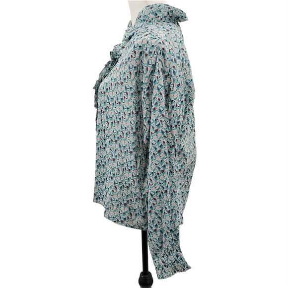 Cotelac Ruffle Top Blouse Button Up Geometric Print Art Deco Green Blue 1 Medium - Picture 2 of 6